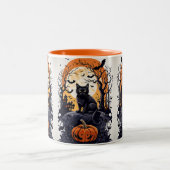 夜の月と黒猫のハロウィーンのシーン ツートーンマグカップ (中央)