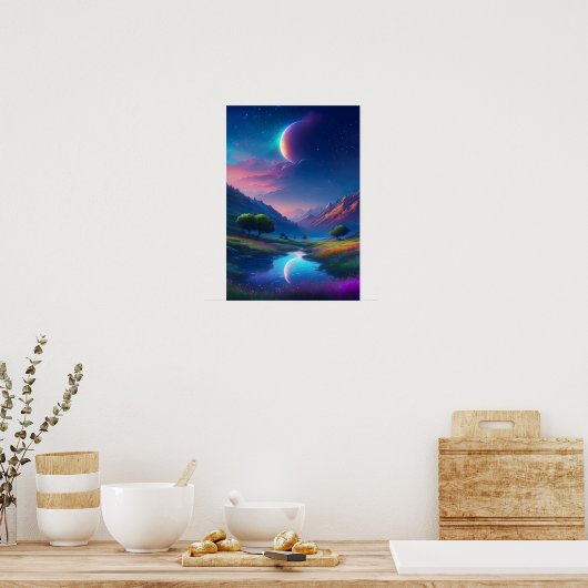 夜の月に照らされた魅力的谷 ポスター (キッチン)