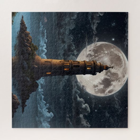 夜の月明かりで照らされた灯台澄ん。 ジグソーパズル (横)