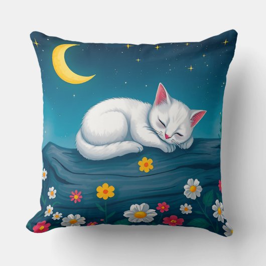 夜の木の上で眠る愛らしい白い子猫 クッション (正面)