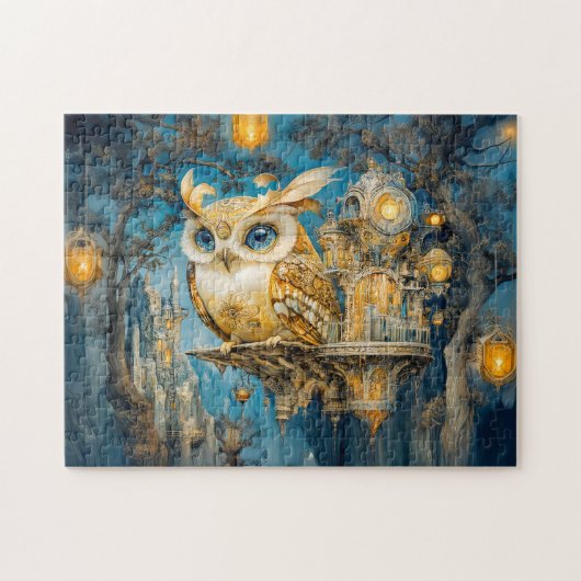 夜の木の城に棲む神秘的なフクロウ ジグソーパズル (横)