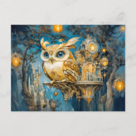 夜の木の城に棲む神秘的なフクロウ ポストカード