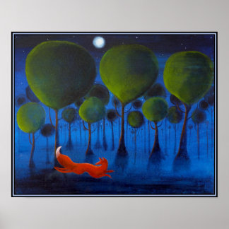 夜の木の赤キツネ。 ポスター