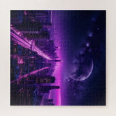夜の未来都市サイバーパンク - ネオンパープル ジグソーパズル (横)