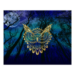 夜の森に金のフクロウの顔 ポスター