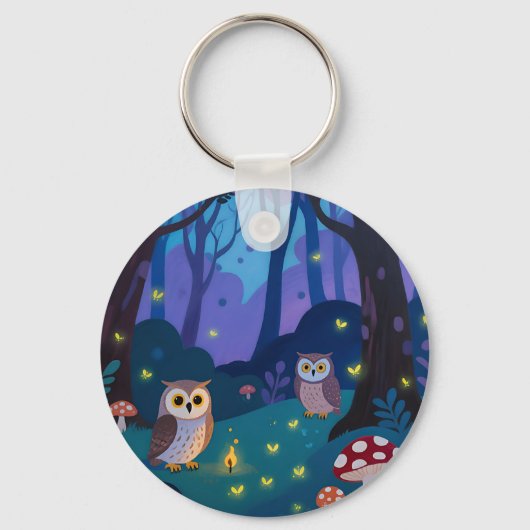 夜の森のフクロウのイラスト キーホルダー (正面)