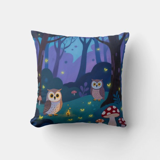 夜の森のフクロウのイラスト クッション (正面)