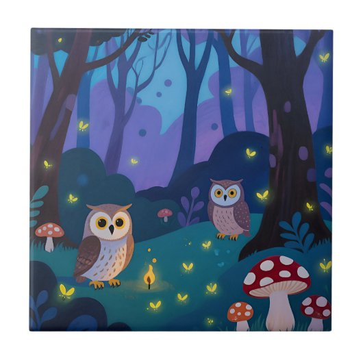 夜の森のフクロウのイラスト タイル (正面)