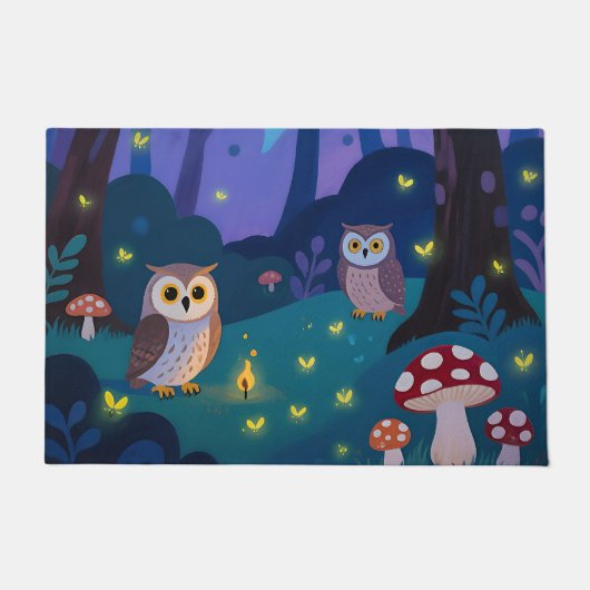 夜の森のフクロウのイラスト ドアマット (正面)