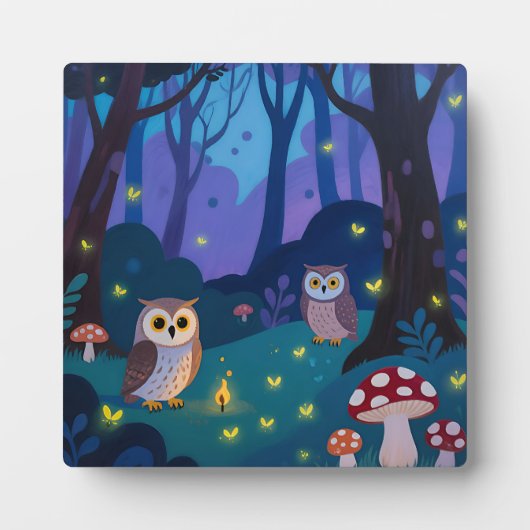 夜の森のフクロウのイラスト フォトプラーク (正面)