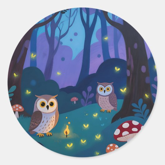 夜の森のフクロウのイラスト ラウンドシール (正面)