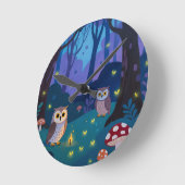 夜の森のフクロウのイラスト ラウンド壁時計 (傾斜)