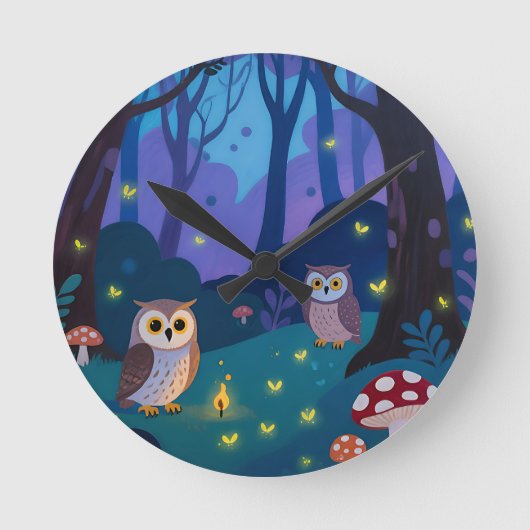 夜の森のフクロウのイラスト ラウンド壁時計 (正面)