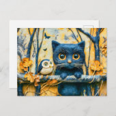 夜の森の中で猫とフクロウが作感じった ポストカード (正面/裏面)