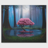 夜の森の中のピンクの木と池 ラッピングペーパー (フラット)
