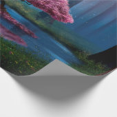 夜の森の中のピンクの木と池 ラッピングペーパー (角)