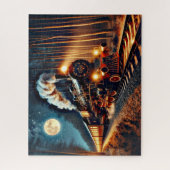 夜の森の中の蒸気列車 ジグソーパズル (縦)