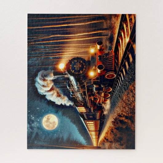 夜の森の中の蒸気列車 ジグソーパズル (縦)