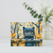 夜の森の猫とフクロウのフェルトアート ポストカード (スタンド正面)