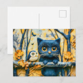 夜の森の猫とフクロウのフェルトアート ポストカード (正面/裏面)
