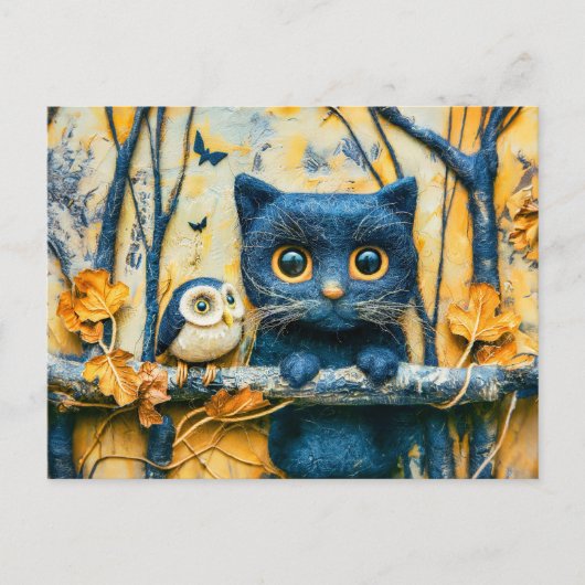 夜の森の猫とフクロウのフェルトアート ポストカード (正面)