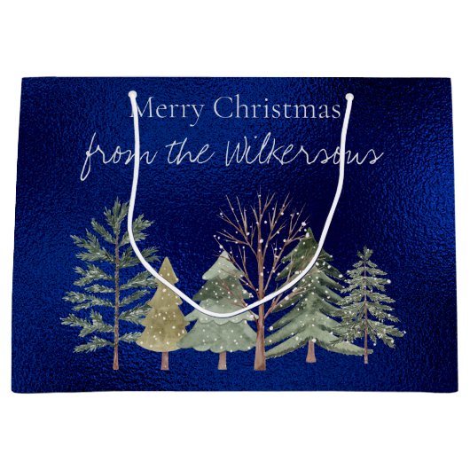 夜の水彩冬の森　シンプルな木々 ラージペーパーバッグ (正面)