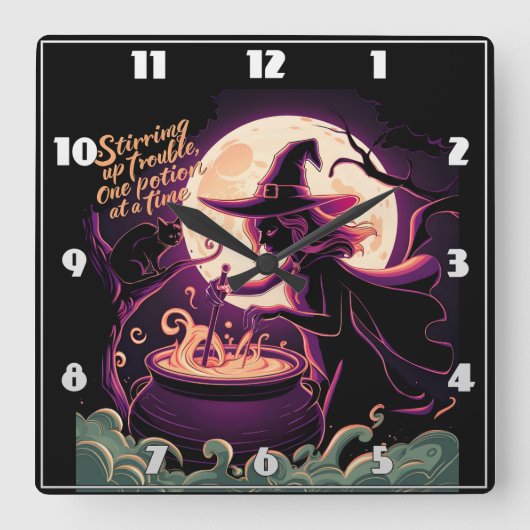 夜の満月の下でポーションをかき回す魔女 スクエア壁時計 (正面)