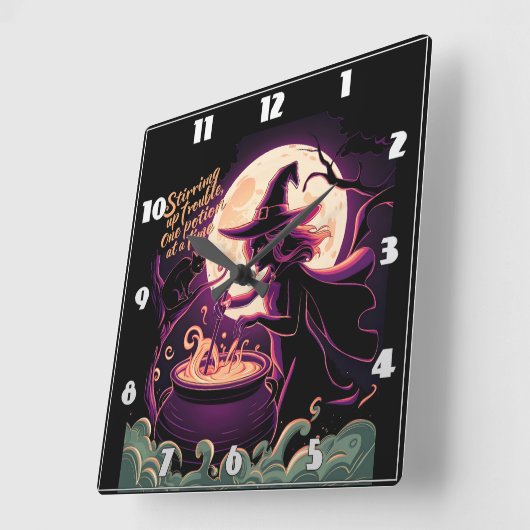 夜の満月の下でポーションをかき回す魔女 スクエア壁時計 (傾斜)