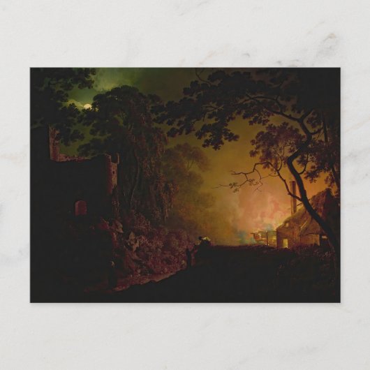 夜の火のコテージDebyのジョセフ・ライト ポストカード (正面)