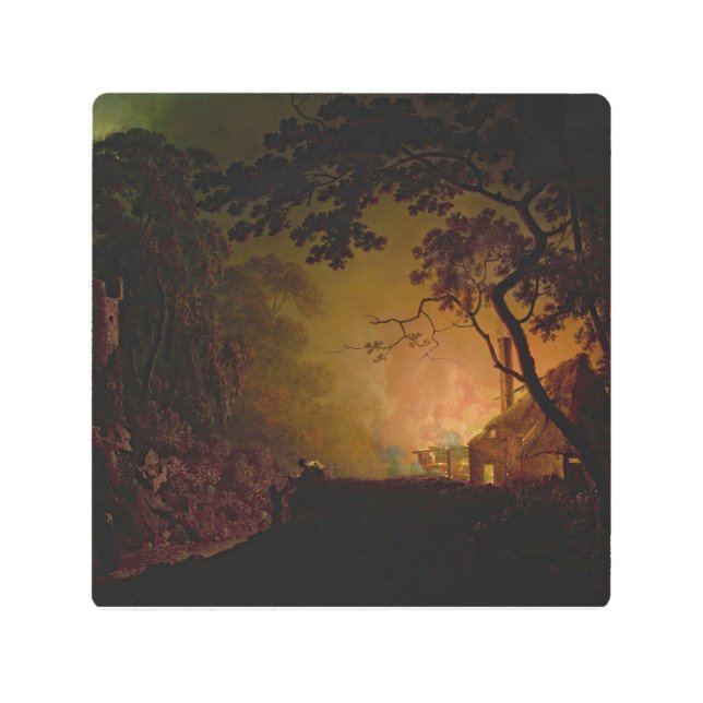 夜の火のコテージDebyのジョセフ・ライト メタルプリント (正面)