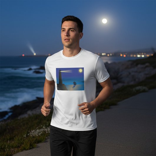 夜の灯台と帆船 月の光に照らされた海 Tシャツ
