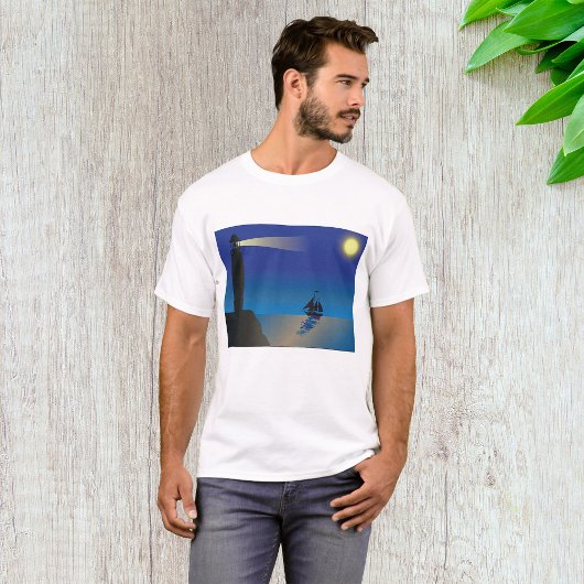 夜の灯台と帆船 月の光に照らされた海 Tシャツ