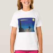 夜の灯台と帆船 月の光に照らされた海 Tシャツ (正面)