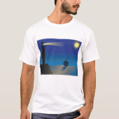 夜の灯台と帆船 月の光に照らされた海 Tシャツ (正面)