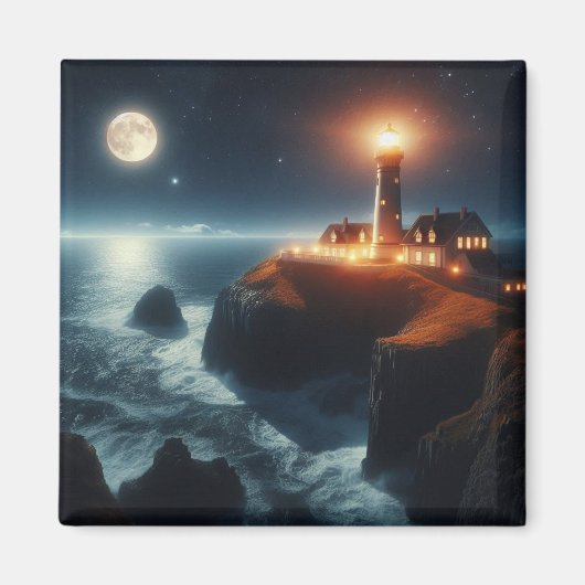 夜の灯台と月のある海辺の風景 マグネット (正面)