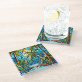 夜の熱帯島ステンドグラス・アート ガラスコースター