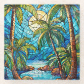 夜の熱帯島ステンドグラス・アート ガラスコースター (正面)