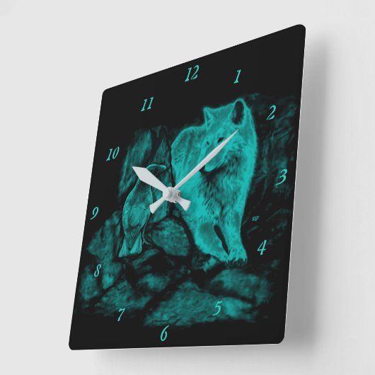 『夜の狼とカラス』 スクエア壁時計 (傾斜)