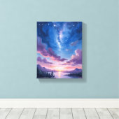 夜の空 | 星空の湖 紫の水彩画 キャンバスプリント (インサイチュ (ウッドフロア))