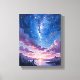 夜の空   星空の湖 紫の水彩画 キャンバスプリント