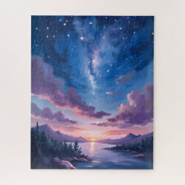 夜の空 | 星空の湖 紫の水彩画 ジグソーパズル