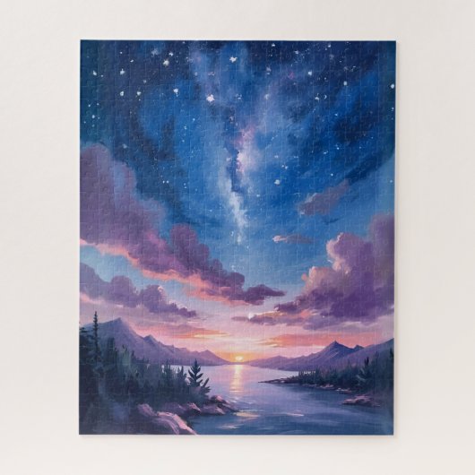 夜の空 | 星空の湖 紫の水彩画 ジグソーパズル (縦)