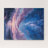 夜の空 | 星空の湖 紫の水彩画 ジグソーパズル (横)