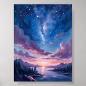 夜の空 | 星空の湖 紫の水彩画 ポスター (正面)