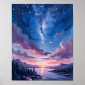 夜の空 | 星空の湖 紫の水彩画 ポスター (正面)