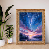 夜の空 | 星空の湖 紫の水彩画 ポスター