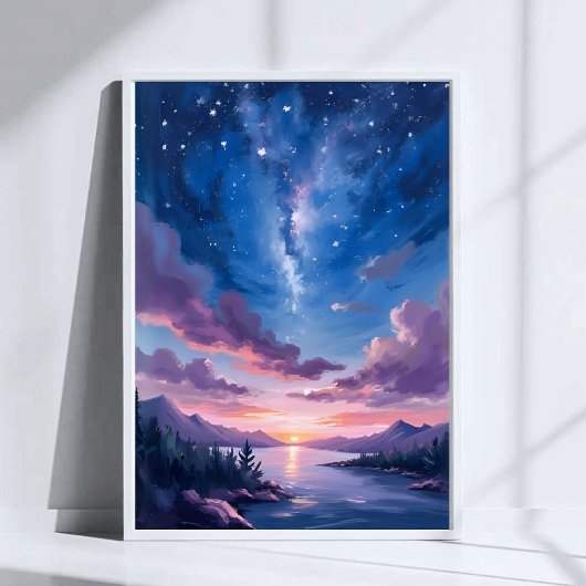 夜の空 | 星空の湖 紫の水彩画 ポスター