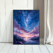 夜の空 | 星空の湖 紫の水彩画 ポスター