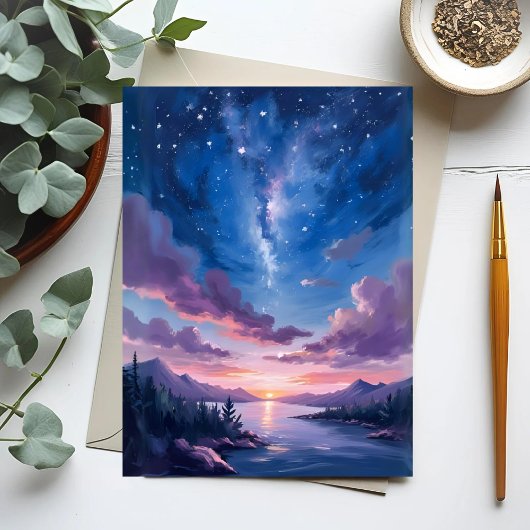 夜の空 | 星空の湖 紫 水彩画 ポストカード