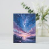 夜の空 | 星空の湖 紫 水彩画 ポストカード (スタンド正面)